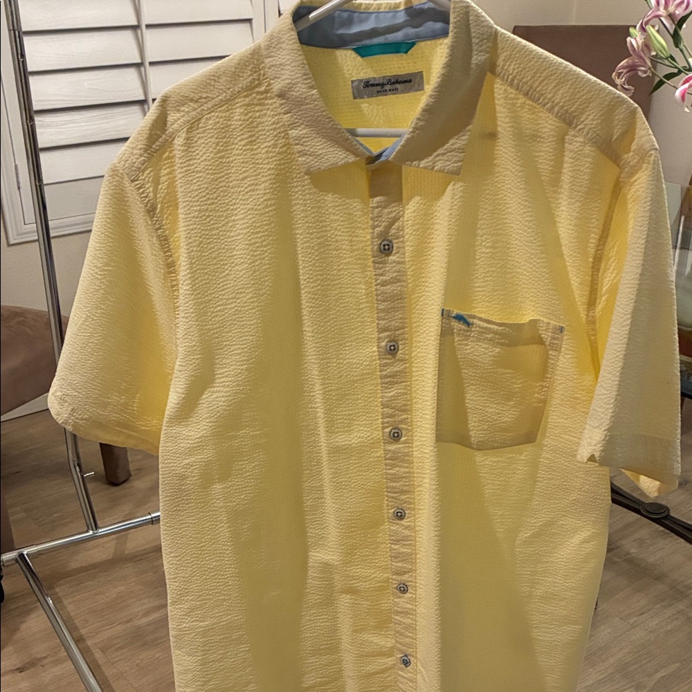 Tommy Bahama classic menswear short sleeve yellow seersucker shirt, XL